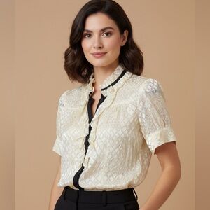 Diane Von Furstenberg Cream and Black silk Blouse size 6